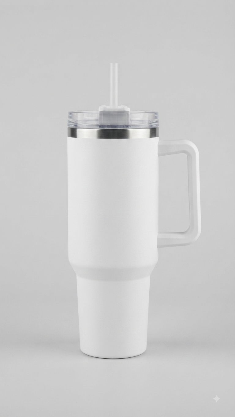 Insulated Stainless Steel Travel Tumbler with Handle and Straw (White)
