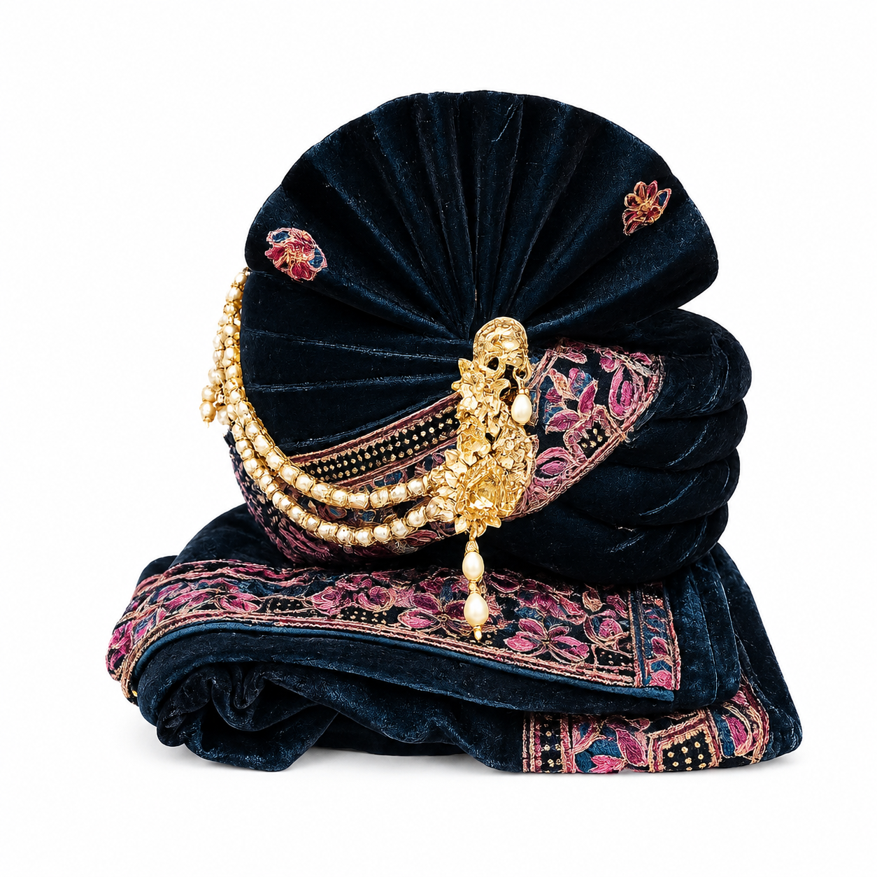 Royal Black Velvet Groom Safa with Embroidered Dupatta Set