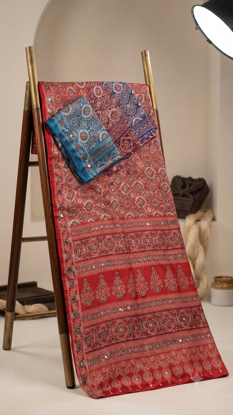 Crimson Heritage Printed Silk Saree with Mirror Work Accents