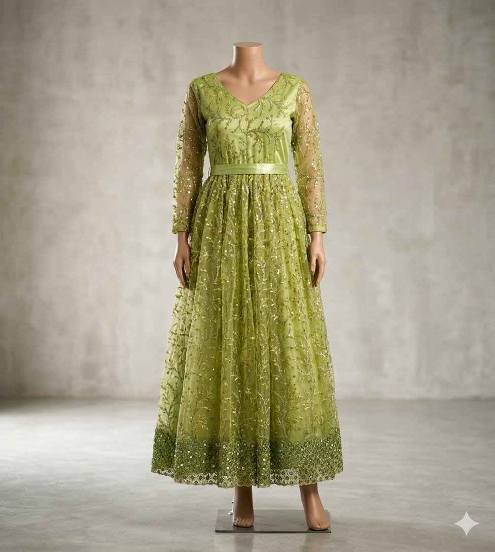 Elegant Pista Green Embroidered Long Gown / Anarkali Dress (Available on Rent)