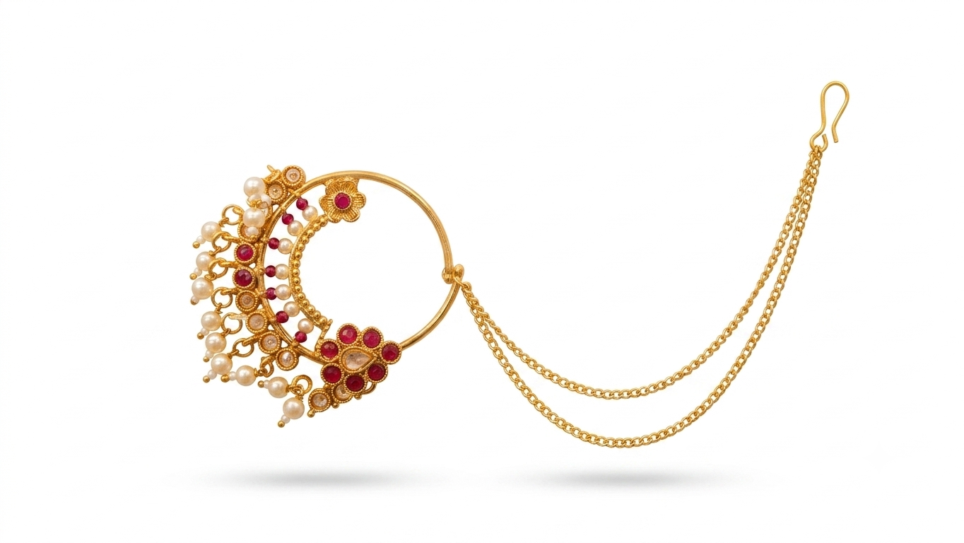 Traditional Floral Kundan & Ruby Bridal Nose Ring (Nath)