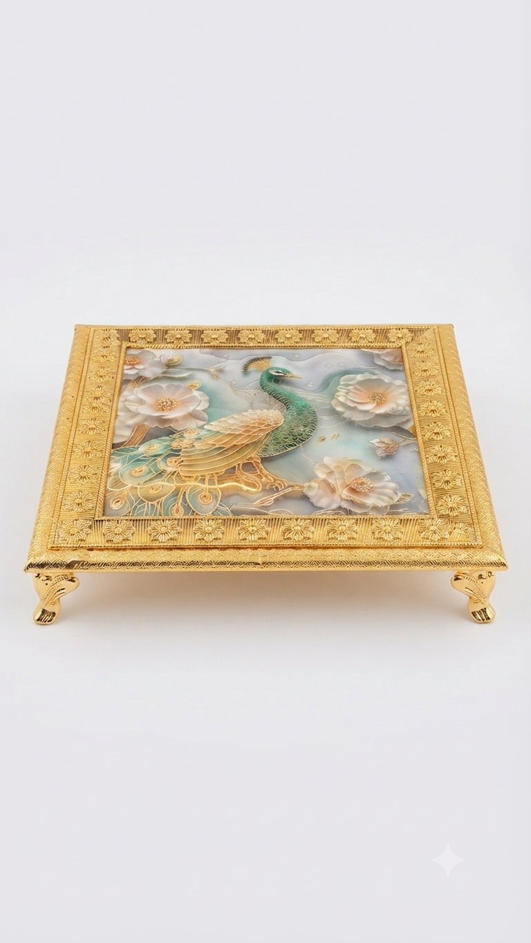 Ornate Peacock-Themed Decorative Gold Stool