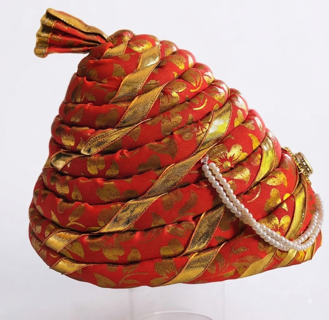 Traditional Red and Gold Embellished Wedding Turban / Pagri (Available on Rent)