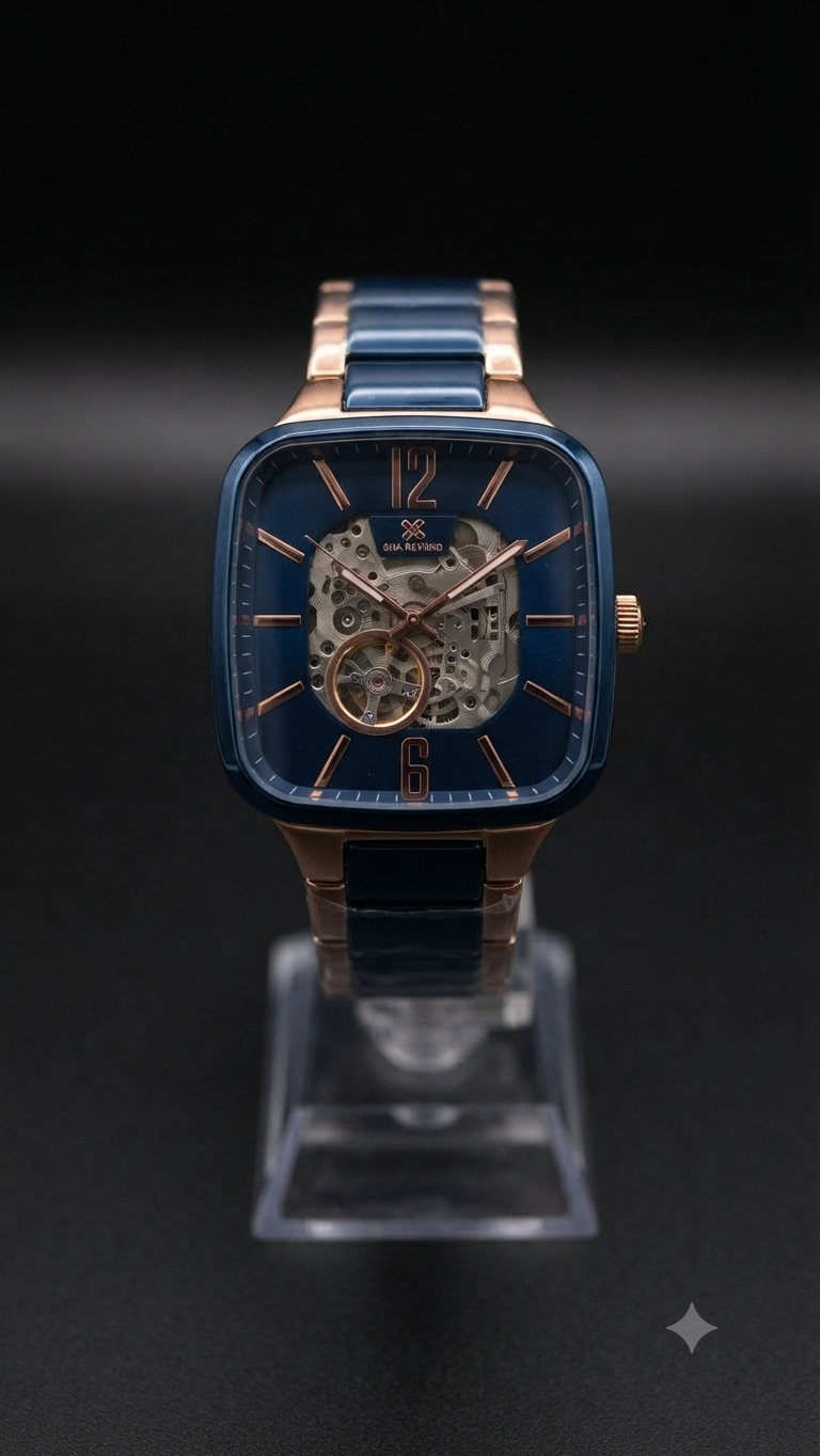 OLEVS Automatic Skeleton Watch (Square Case - Two-Tone Blue/Rose Gold)