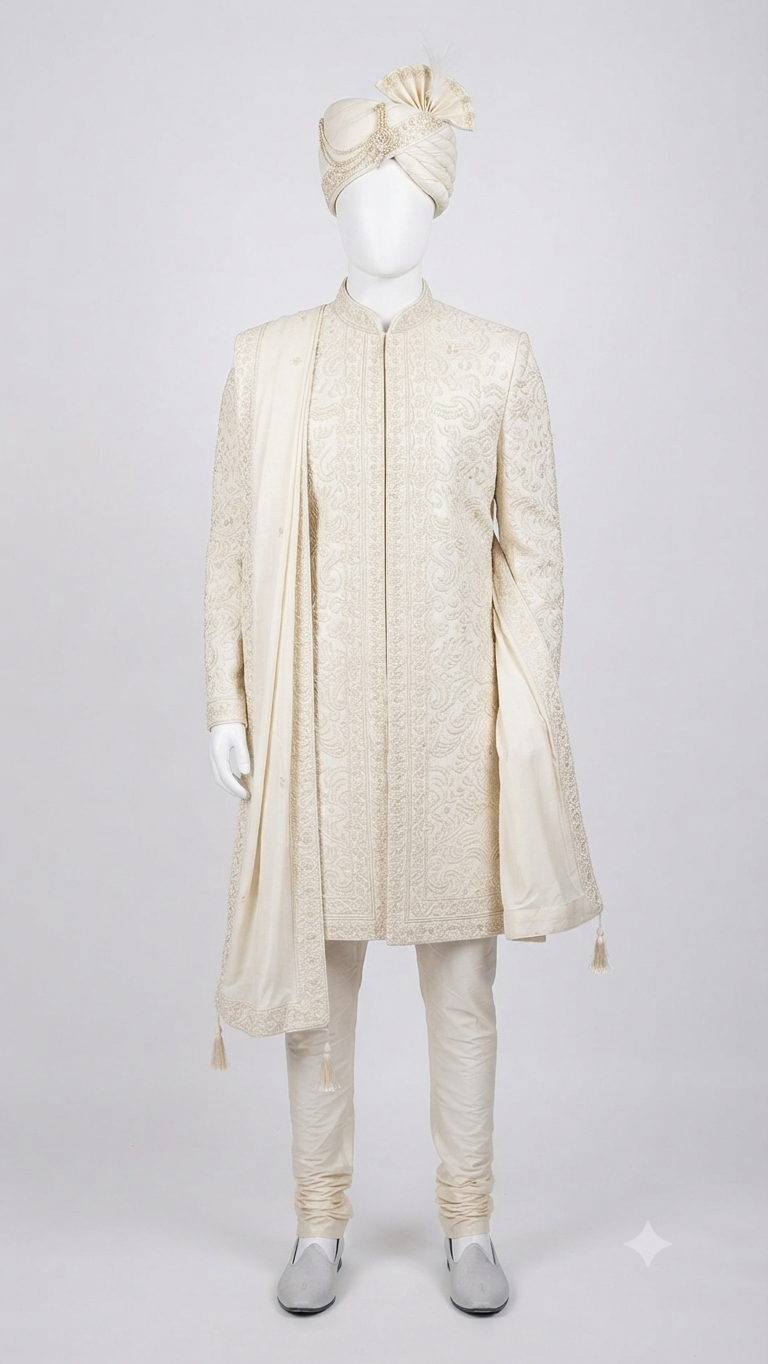 Ivory Textured Sherwani Set
