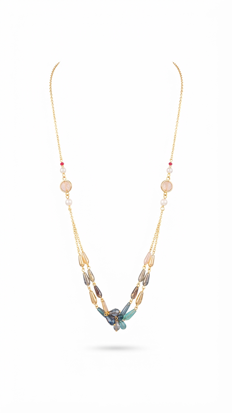 Gold-Tone Layered Beaded Charm Necklace and Crystal Set
