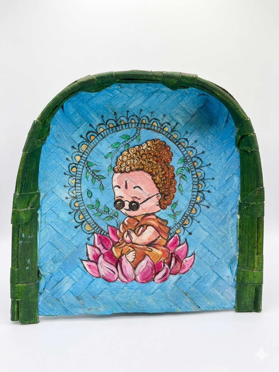 Cartoon Monk in Meditation on a Lotus: Traditional Woven Fan Painting