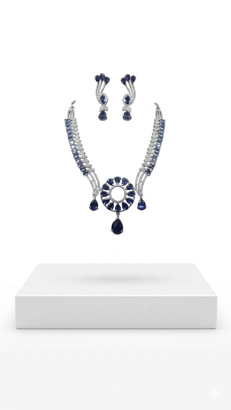 This is a Blue Cubic Zirconia (CZ) jewelry set or a sapphire-toned stone necklace set