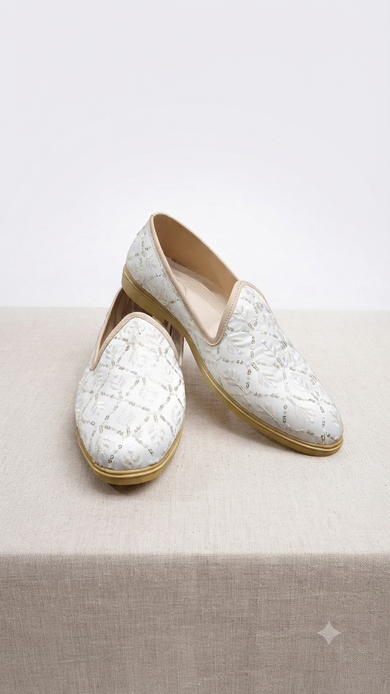 off-white or cream-colored traditional loafers ( juttis)