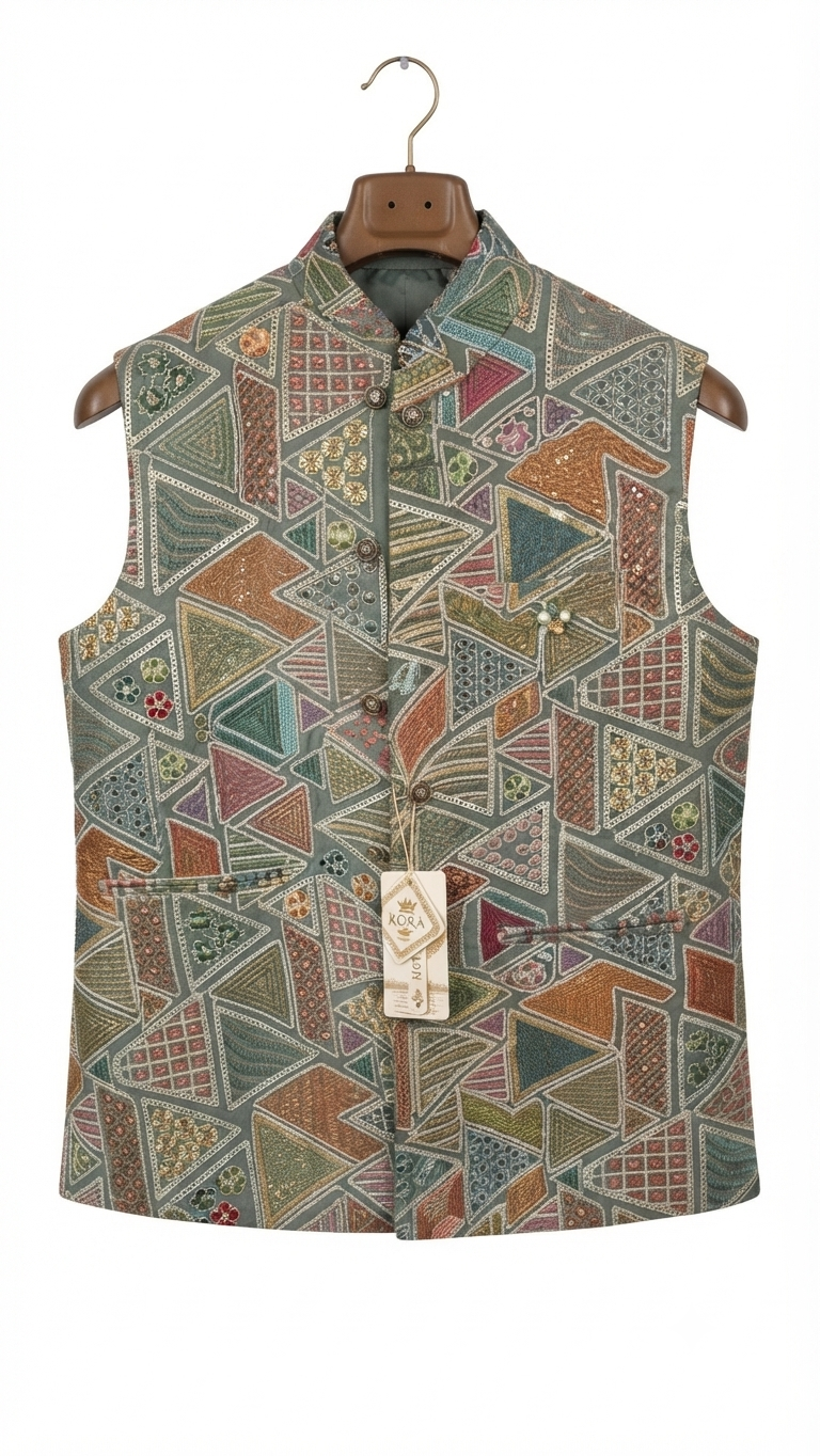 Kora Grey Geometric Patterned Nehru Waistcoat