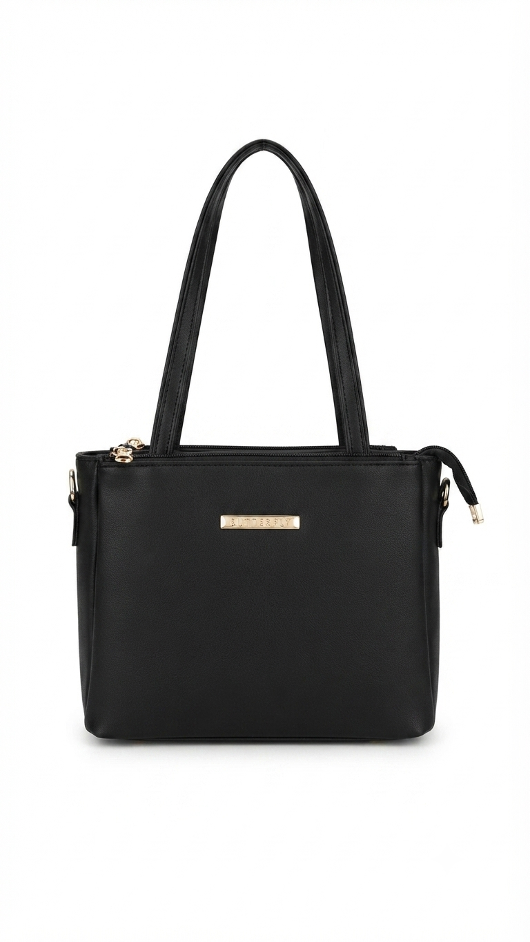"BUTTERFLY" Black Faux Leather Tote Handbag with Gold Accents