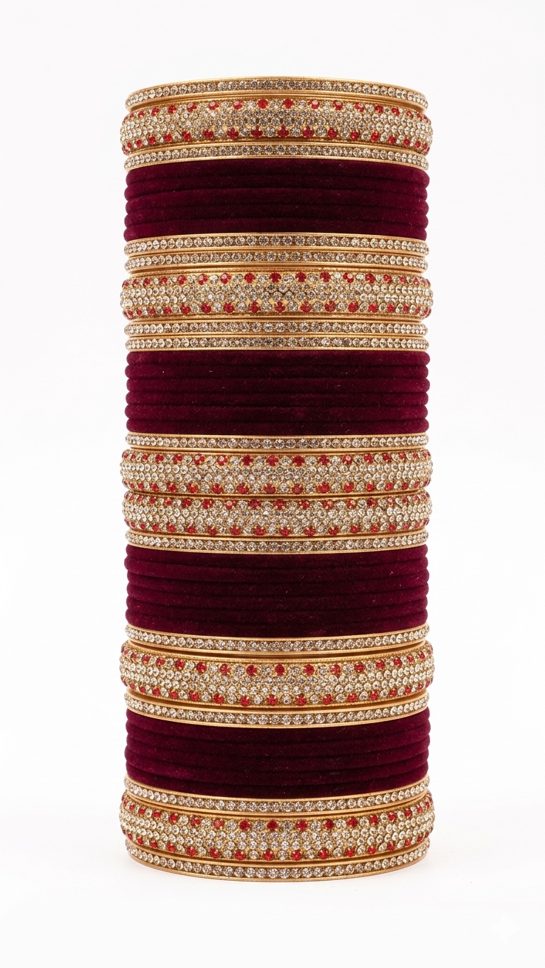 This style is commonly referred to as a Maroon and Gold Bridal Chura or a Velvet-Finish Designer Bangle Stack.