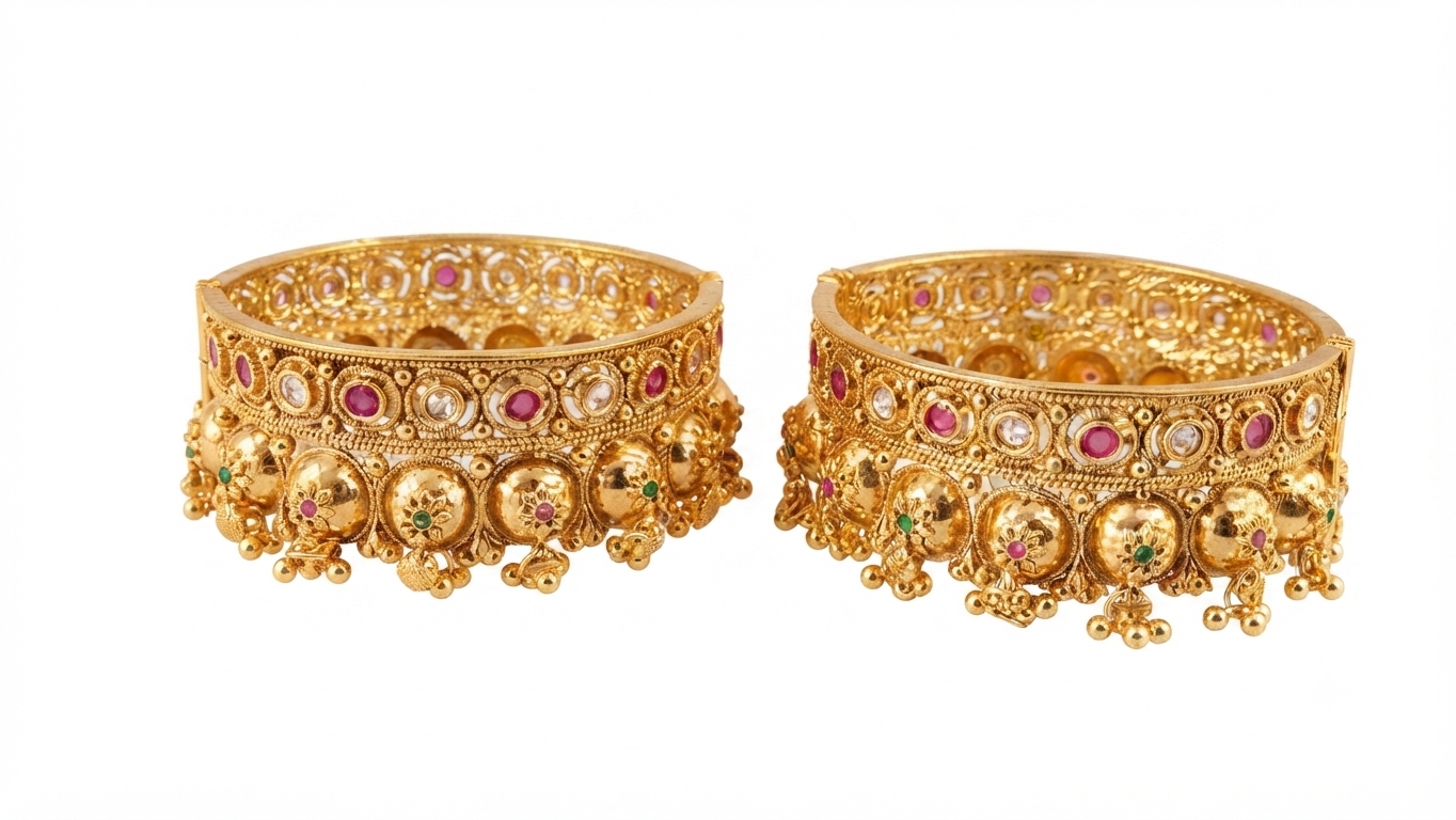 Ornate Gold-Plated Jhumka Bangles (Pair)