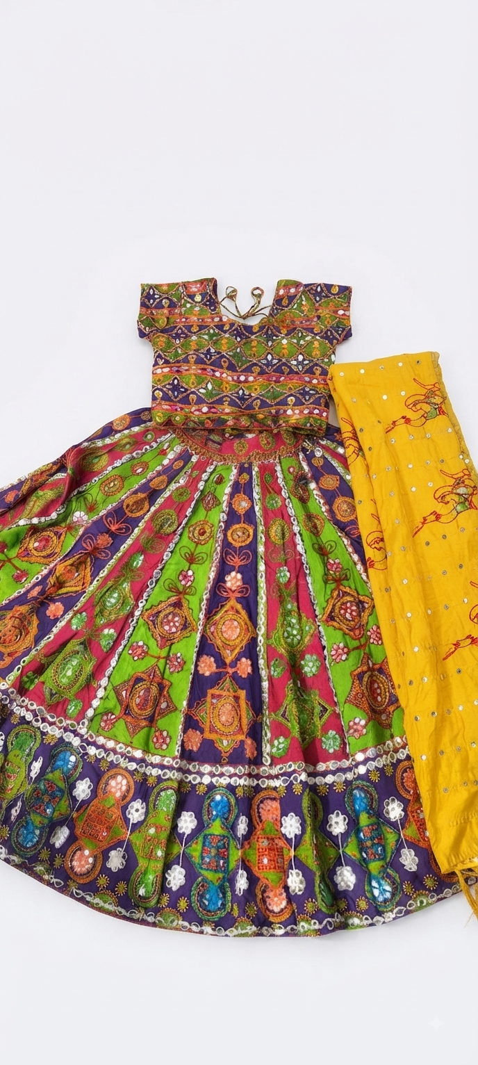 Vibrant Multi-Color Paneled Mirror-Work Chaniya Choli Set with Yellow Dupatta