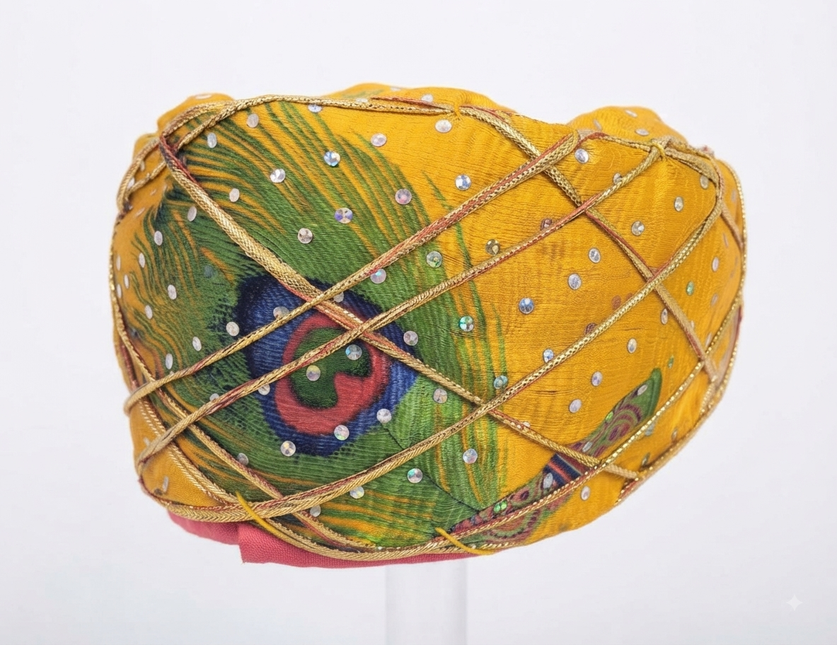 Traditional Yellow Peacock Print & Sequin Embellished Turban / Pagri (Available on Rent)