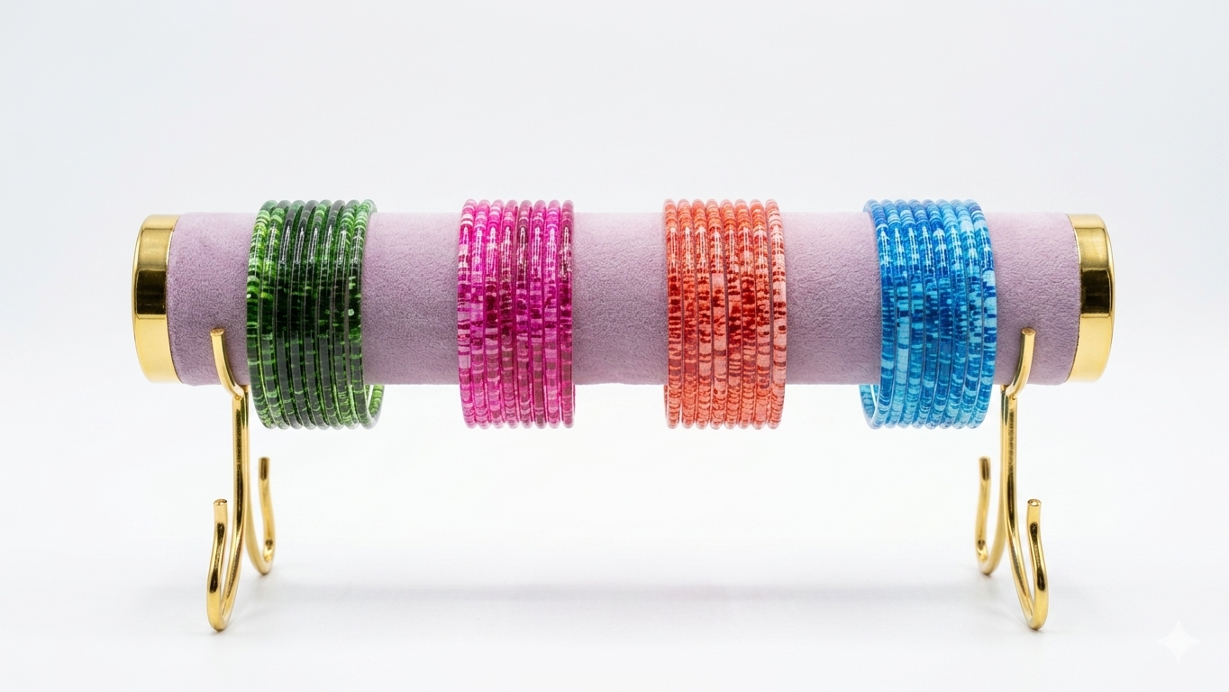 "Multi-Color Textured Stackable Bangles & Display Stand"