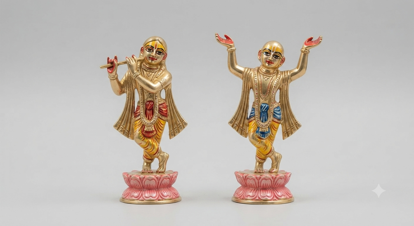 Hand-Painted Brass Gaur Nitai (Chaitanya & Nityananda) Deity Idols on Lotus Bases