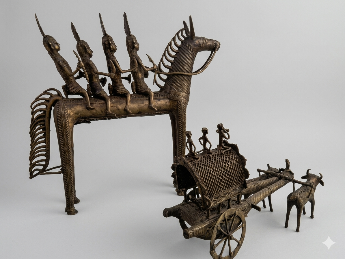 Dhokra Art Metal Figurines: Horse with Riders and Bull-Driven Cart