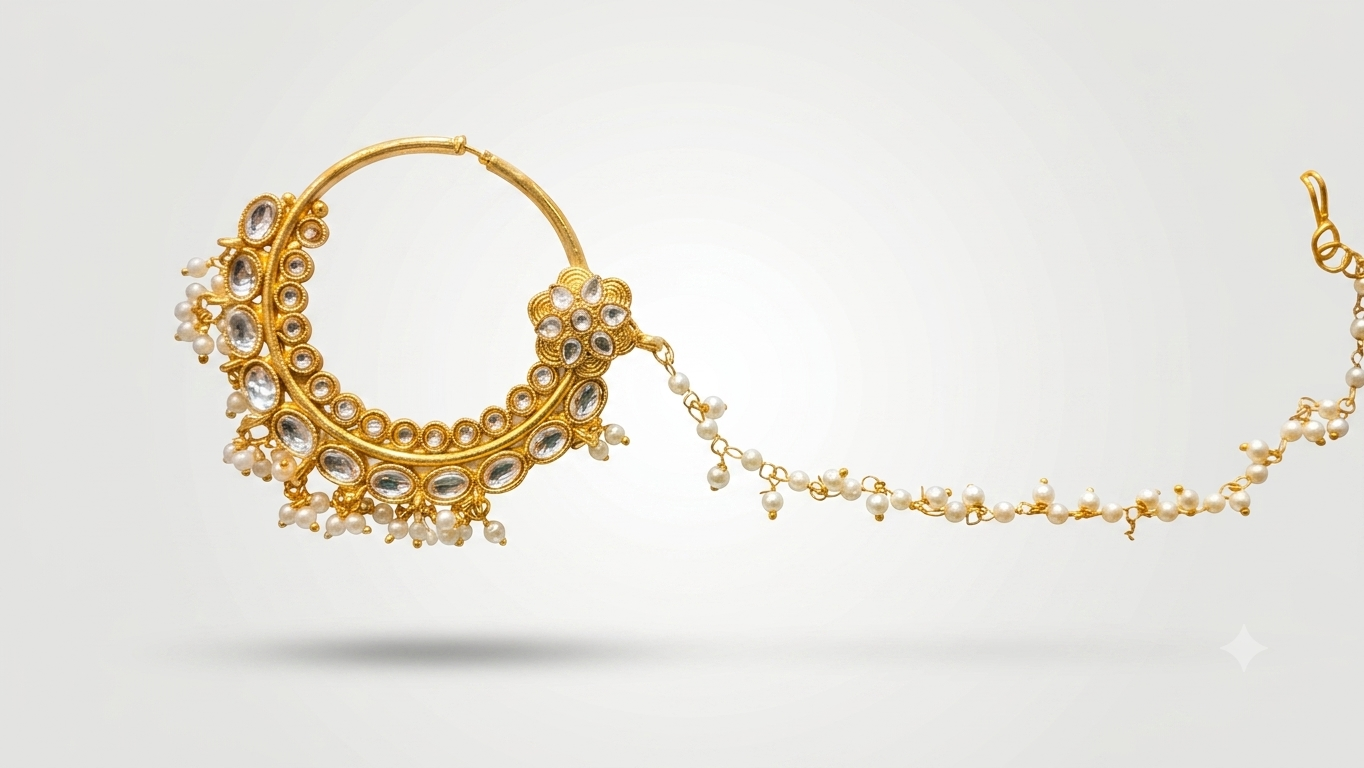 Traditional Gold-Plated Kundan & Pearl Nose Ring (Nath)