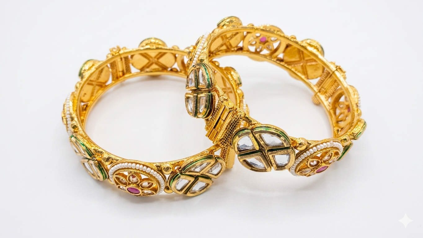 gold-plated hinged bangles with Polki and Meenakari accents