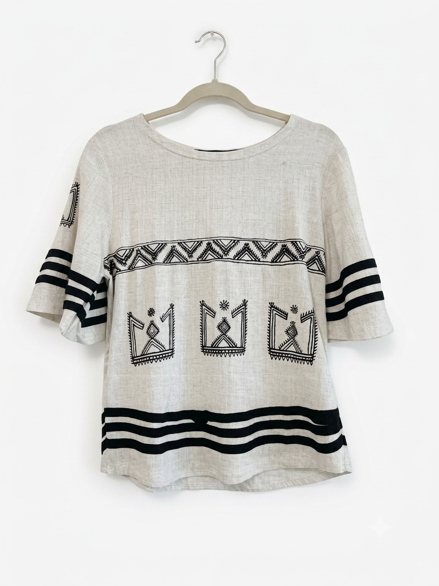 Tribal-Inspired Embroidered Linen-Blend Blouse