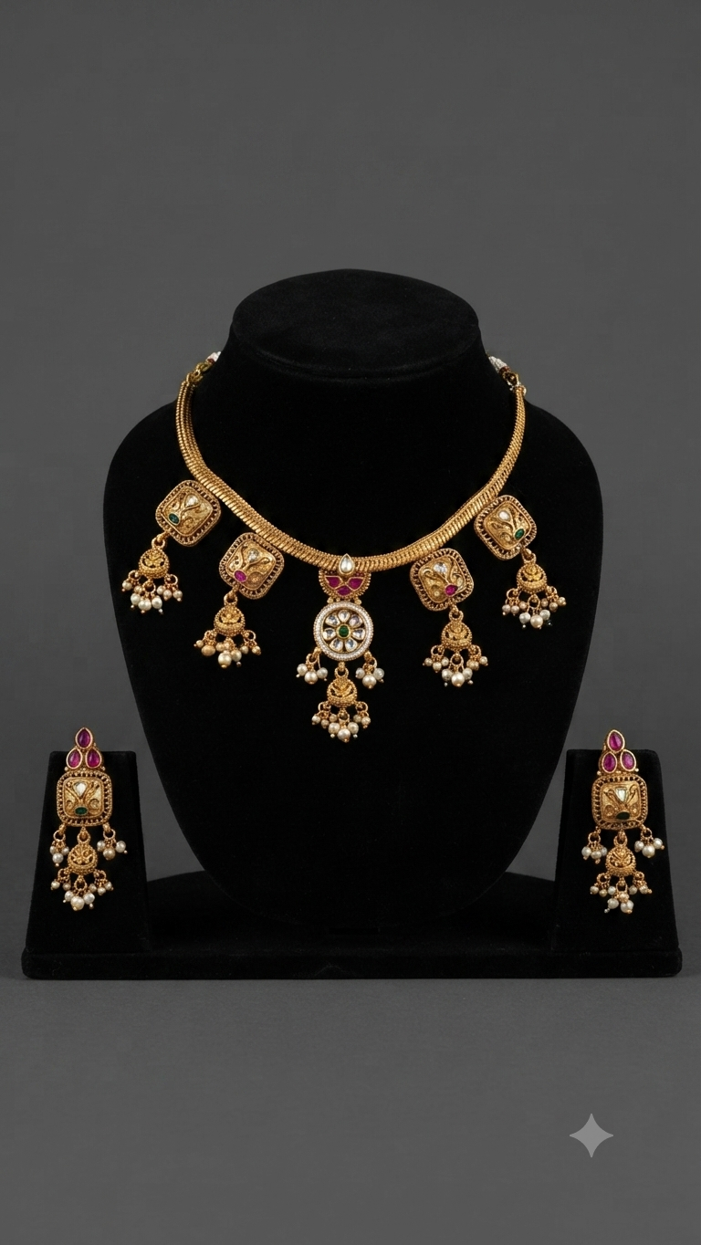 Traditional Antique Gold-Tone Square Motif Necklace and Earring Set