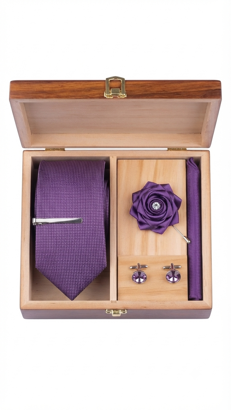 Purple Textured Formal Accessory Gift Set in Wooden Box