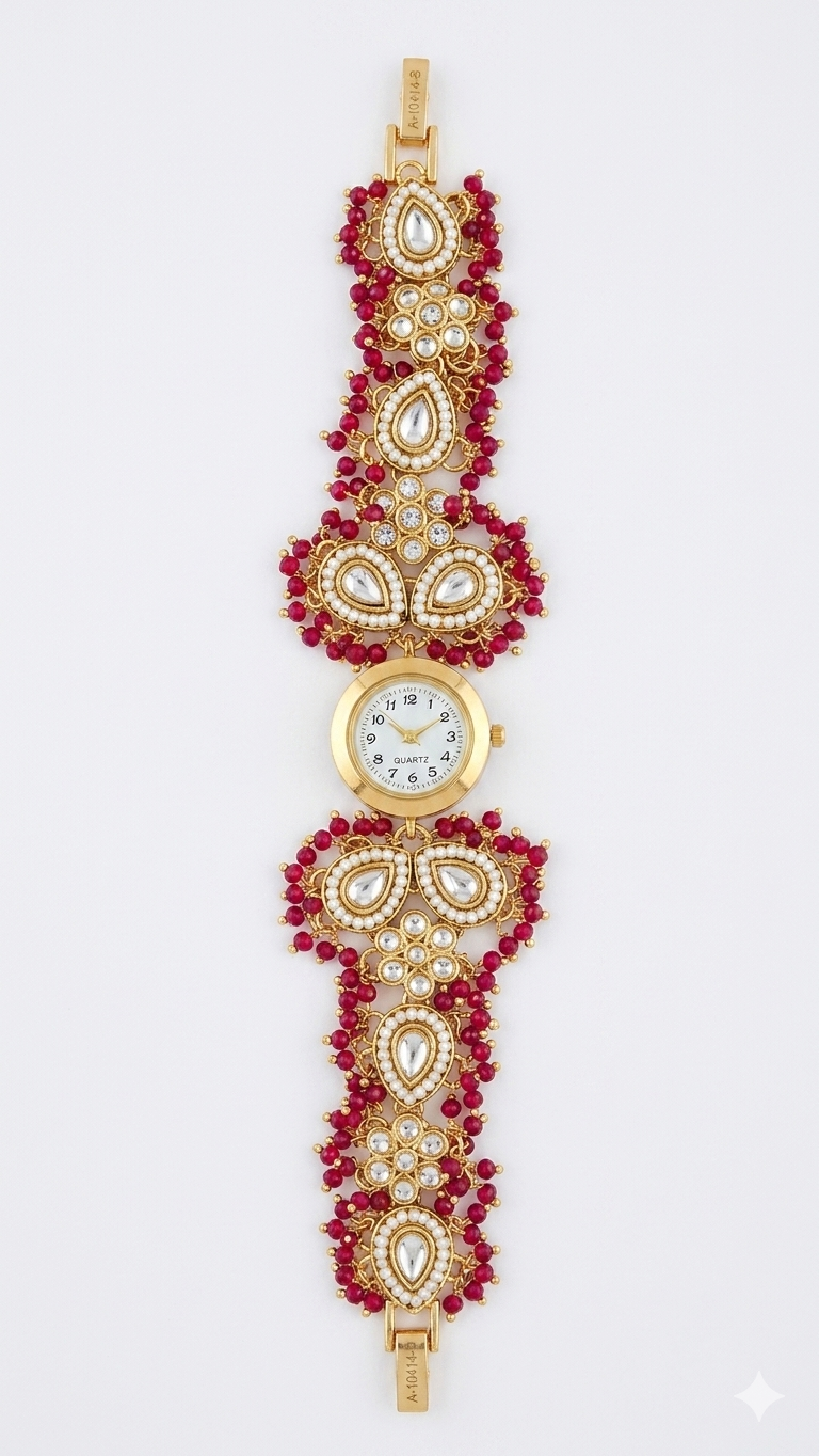 The Crimson Beaded Kundan Statement Watch