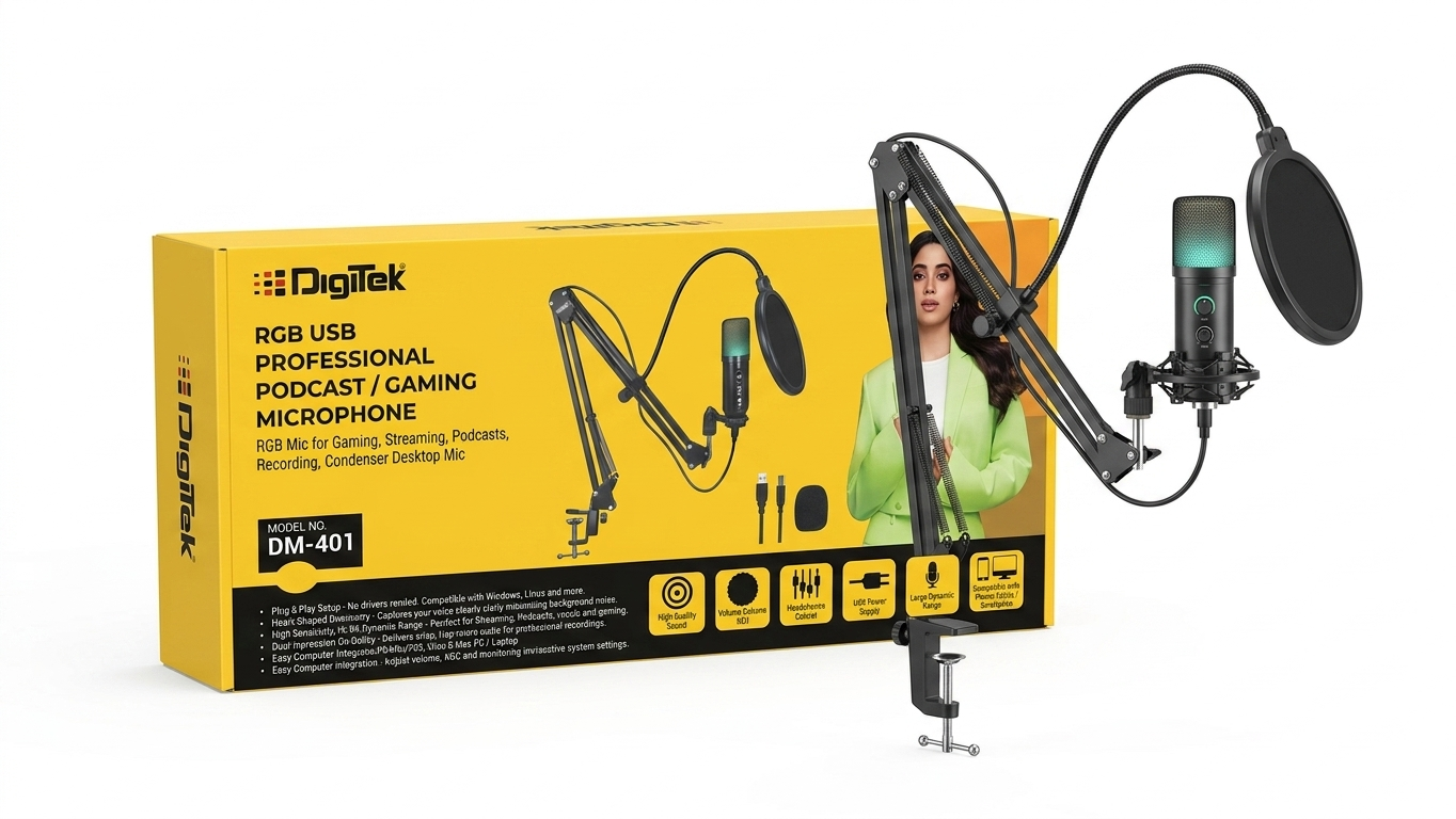 Digitek RGB USB Professional Podcast/Gaming Microphone, model number DM-401.