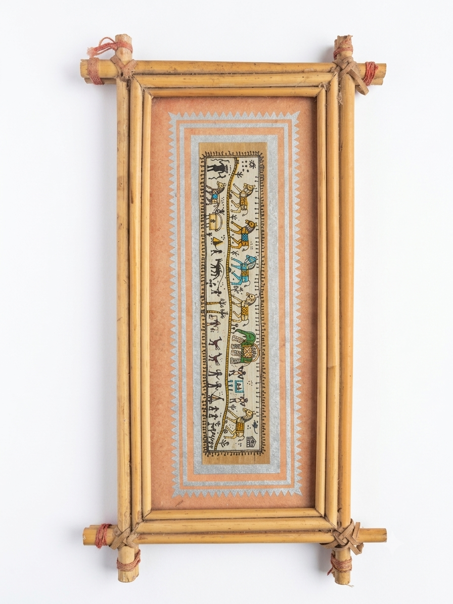 Traditional Bamboo-Framed Warli Procession Painting
