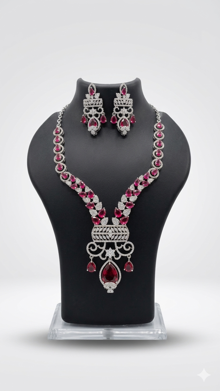 American Diamond Necklace Set with Crimson Accent