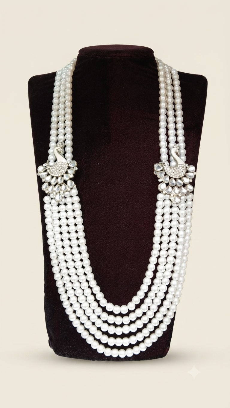 Multi-strand Pearl Long Necklace with Peacock Clasps
