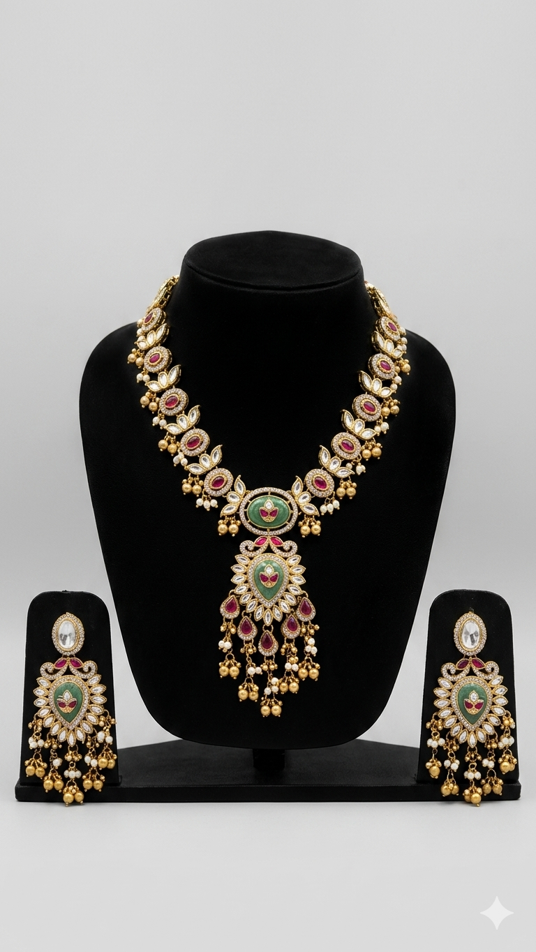 Kundan Necklace Set with Green Meenakari Work and Pearl Hangings