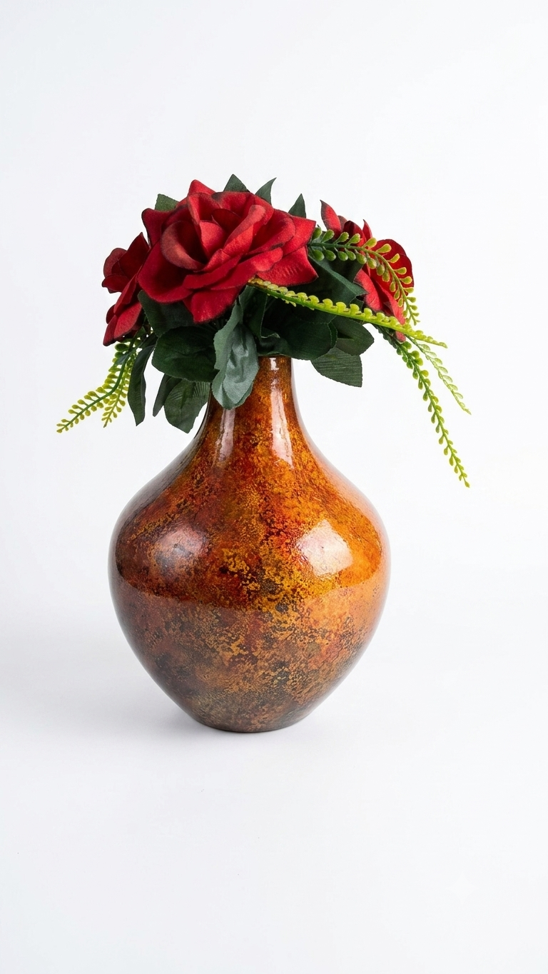 Sunset Ombré Mottled Teardrop Vase with Velvet Red Roses