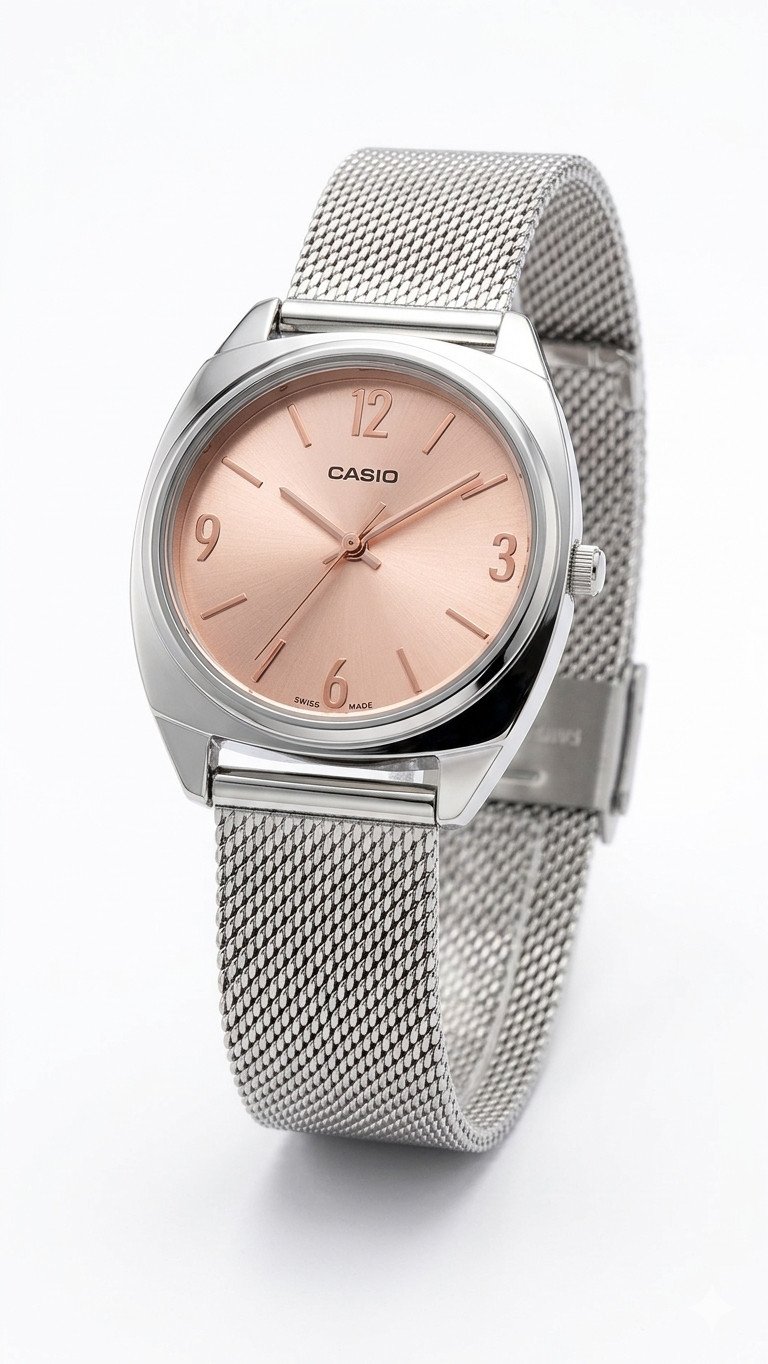 Casio Women's Two-Tone (Silver & Rose Gold) Stainless Steel Mesh Band "Swiss Made" Watch