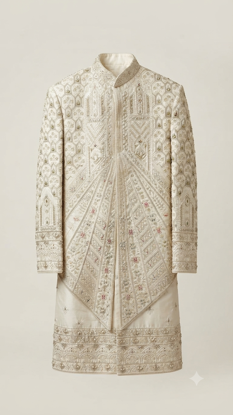 heavily embroidered off-white (ivory) Sherwani
