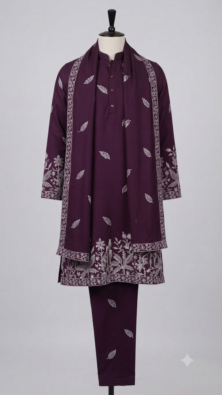 Deep Purple Men's Kurta and Trouser Set with a Matching Embroidered Shawl