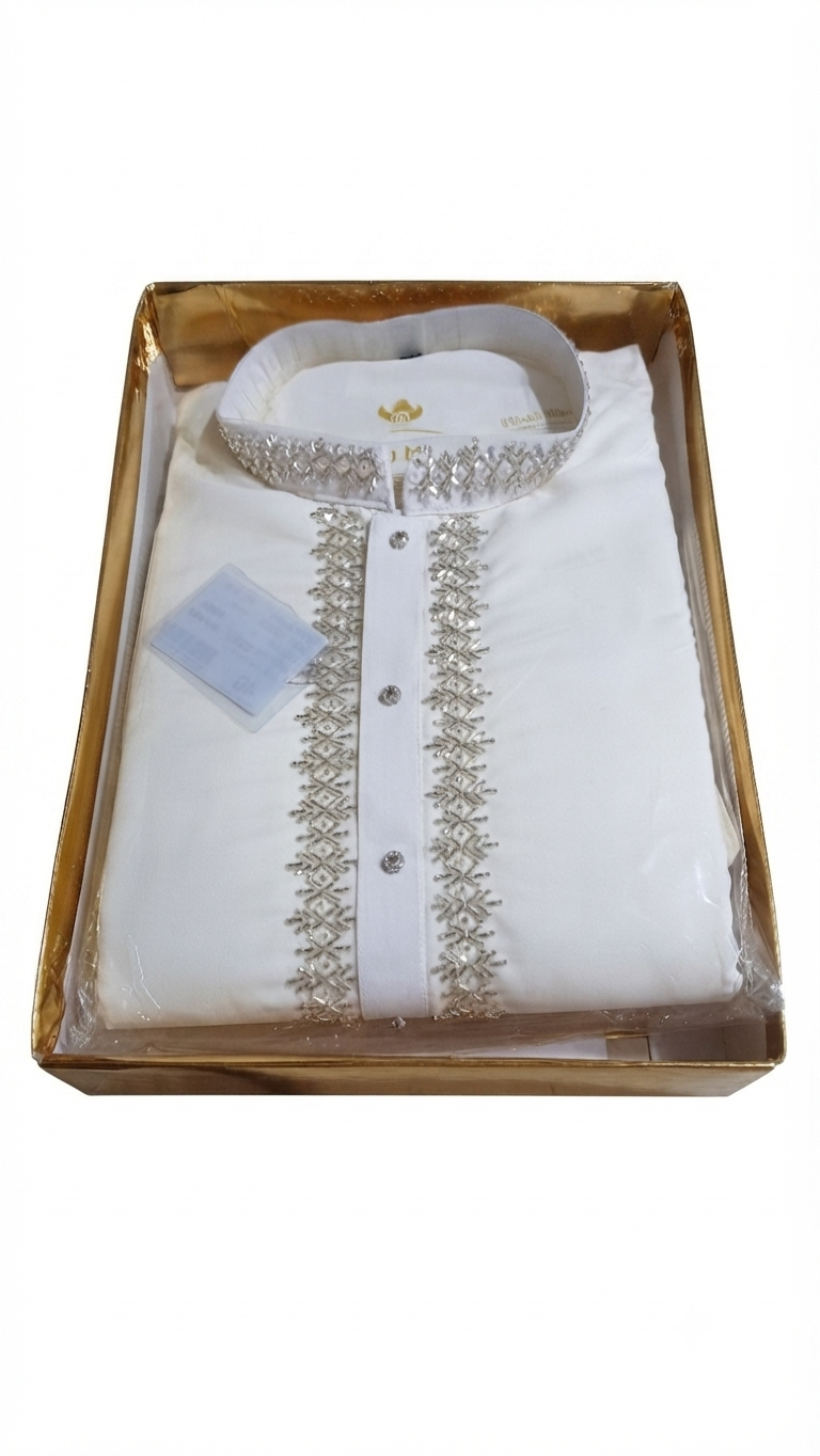 Premium White Silk Blend Kurta with Intricate Silver Embroidery